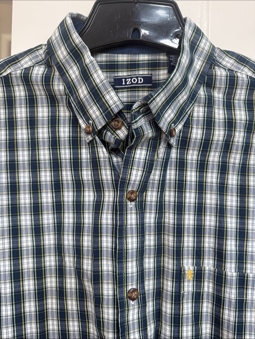 Izod Mens Navy Green Yellow Plaid Button-Down Shirt Like New Medium
